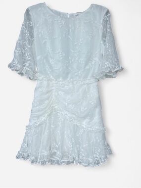 Selfie Leslie Leona Half Sleeve Frill Trim Dress Leaf Embroidered White